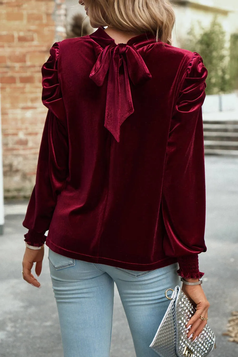 Mock Neck Puff Sleeve Velvet Blouse: Fiery Red
