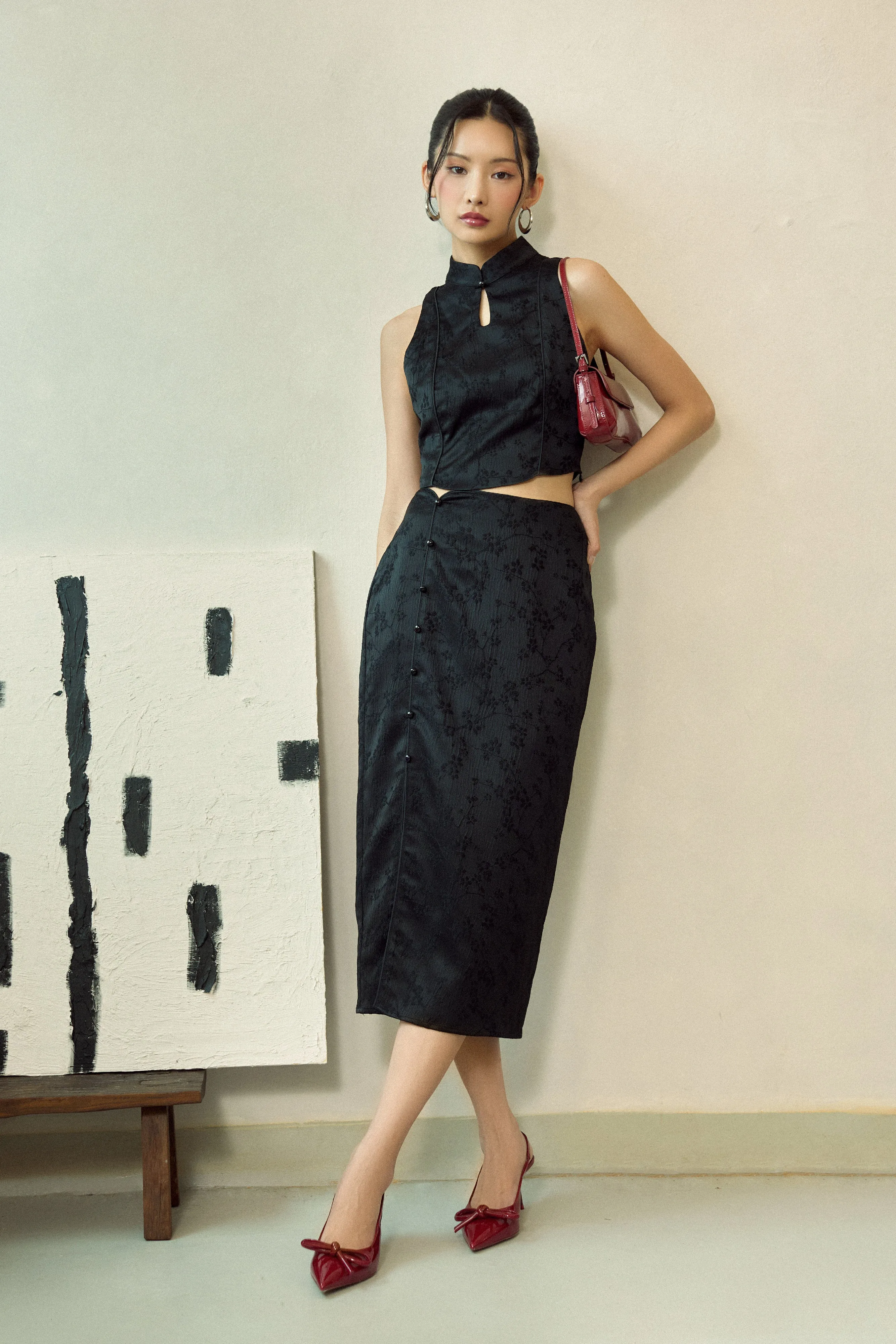 [Online Exclusive] Lunar Cheongsam Skirt in Elegant Black