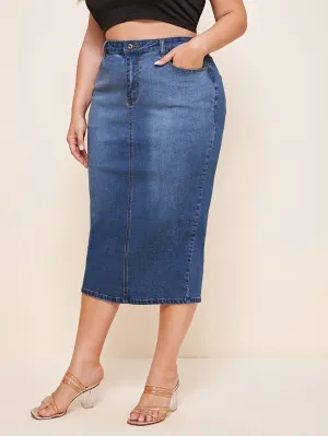 Plain Raw Wash High Waist Midi Plus Size Denim Skirt