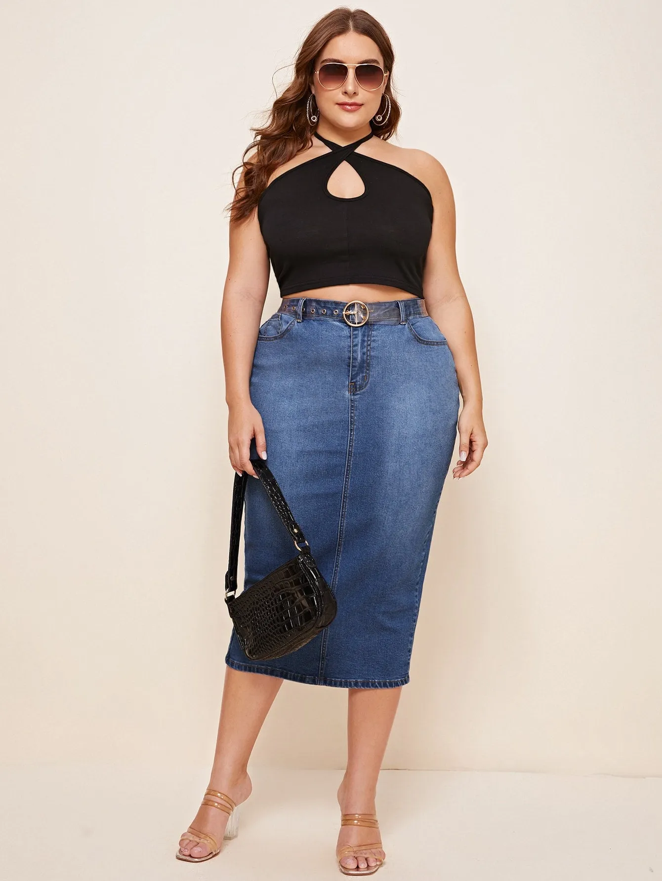 Plain Raw Wash High Waist Midi Plus Size Denim Skirt
