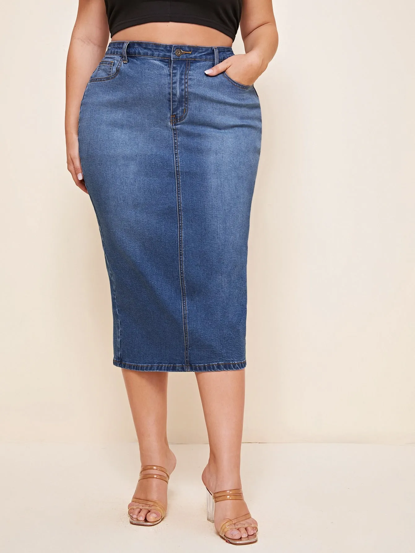 Plain Raw Wash High Waist Midi Plus Size Denim Skirt