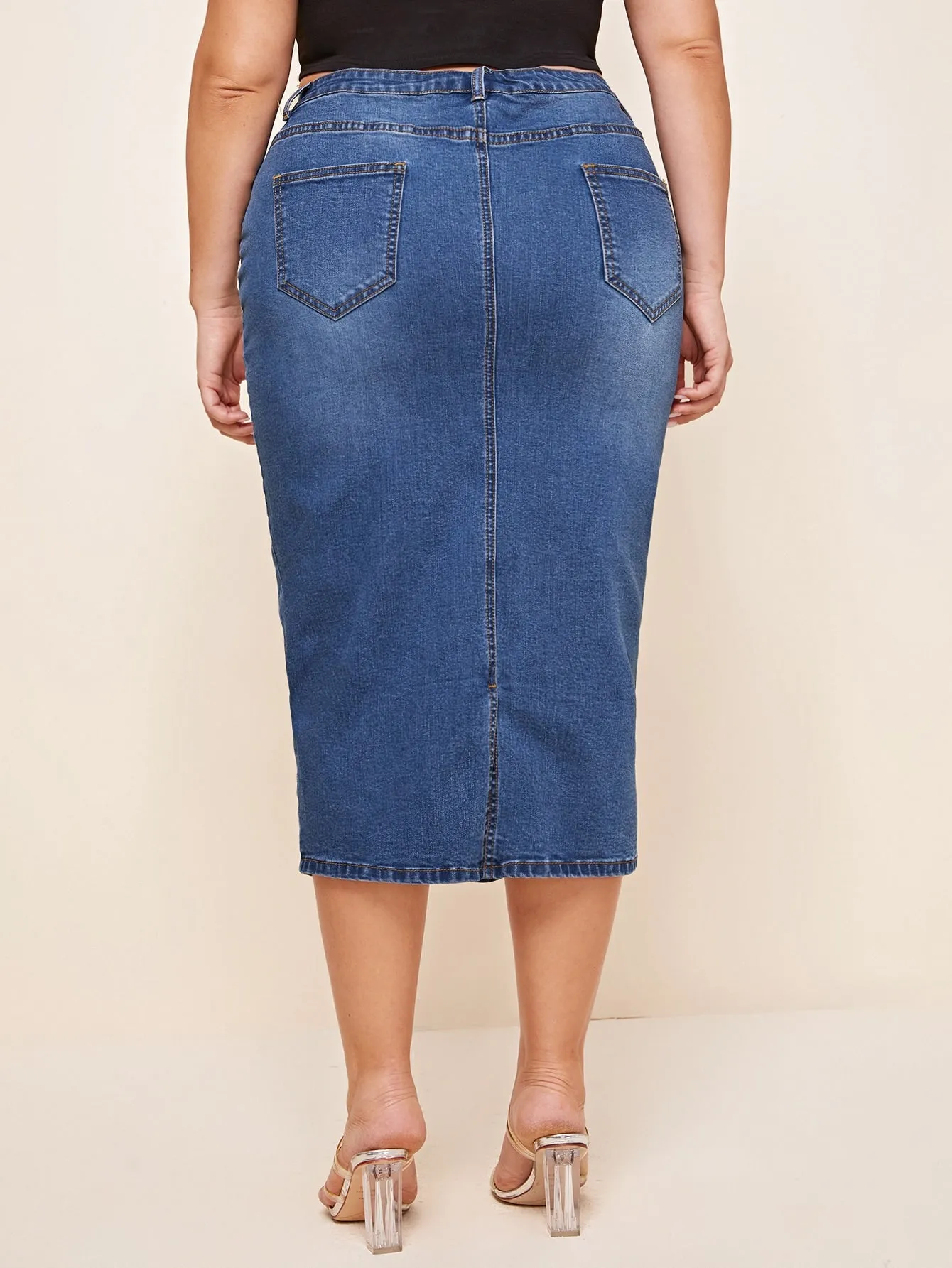 Plain Raw Wash High Waist Midi Plus Size Denim Skirt