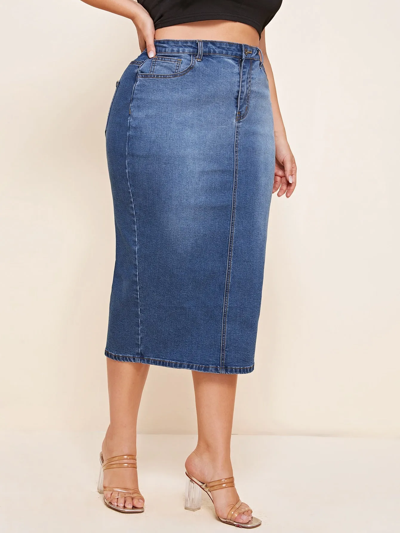 Plain Raw Wash High Waist Midi Plus Size Denim Skirt