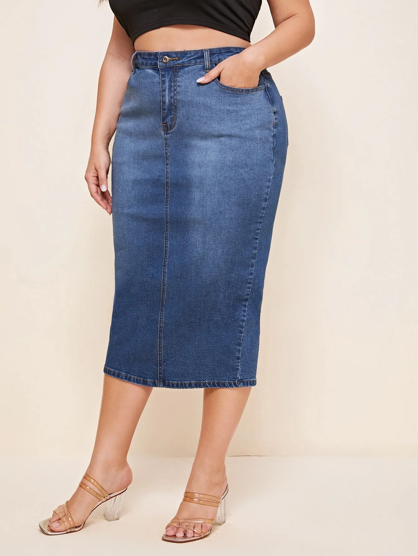 Plain Raw Wash High Waist Midi Plus Size Denim Skirt