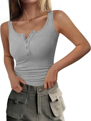 PRETTYGARDEN Womens 2025 Summer Tank Tops Ribbed Knit Slim Fit Sleeveless Henley Shirts Casual Basic Button Up Blouse