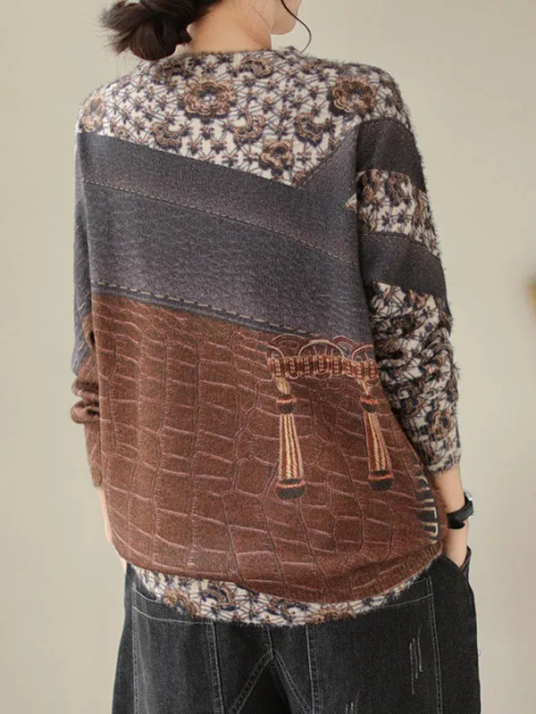 Printed Long Sleeves Loose Round-Neck Sweater Tops Pullovers