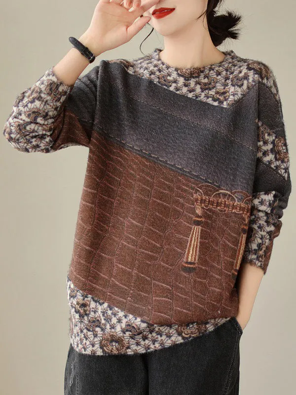 Printed Long Sleeves Loose Round-Neck Sweater Tops Pullovers