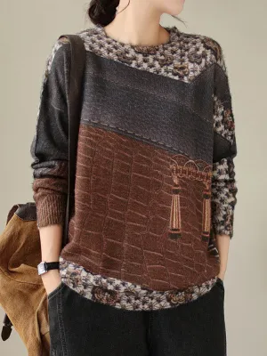 Printed Long Sleeves Loose Round-Neck Sweater Tops Pullovers