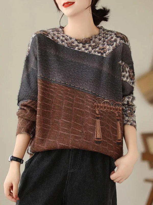 Printed Long Sleeves Loose Round-Neck Sweater Tops Pullovers