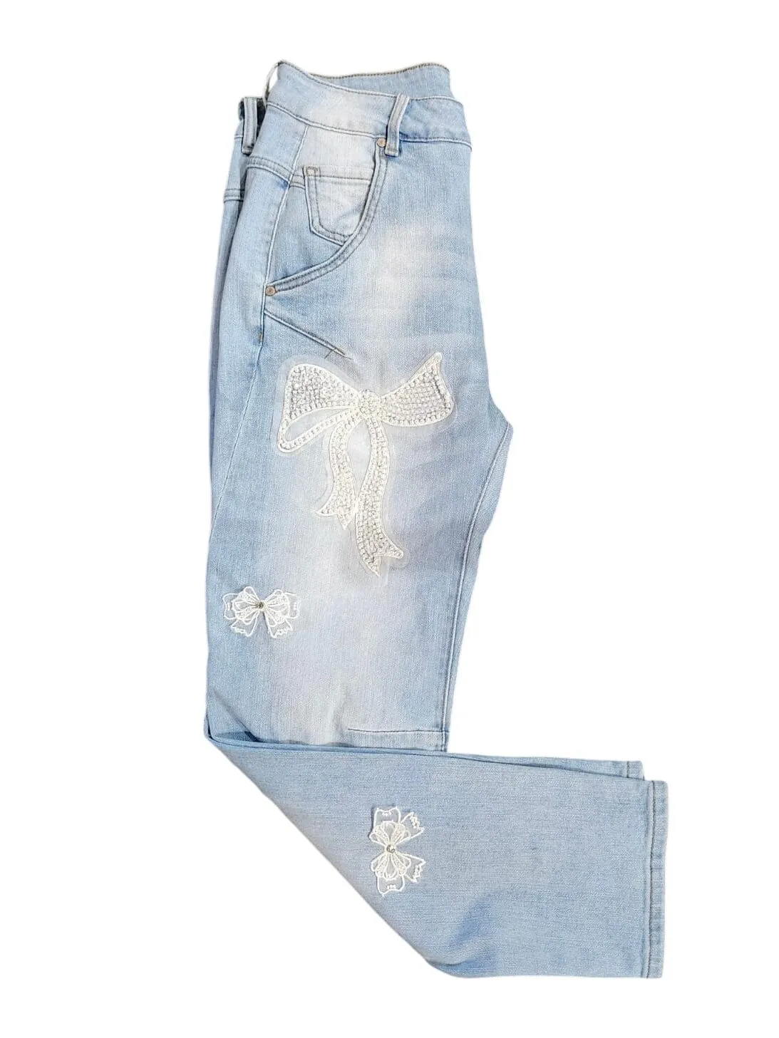 RIBBON BOW DISTRESSED WASH OUT JEANS