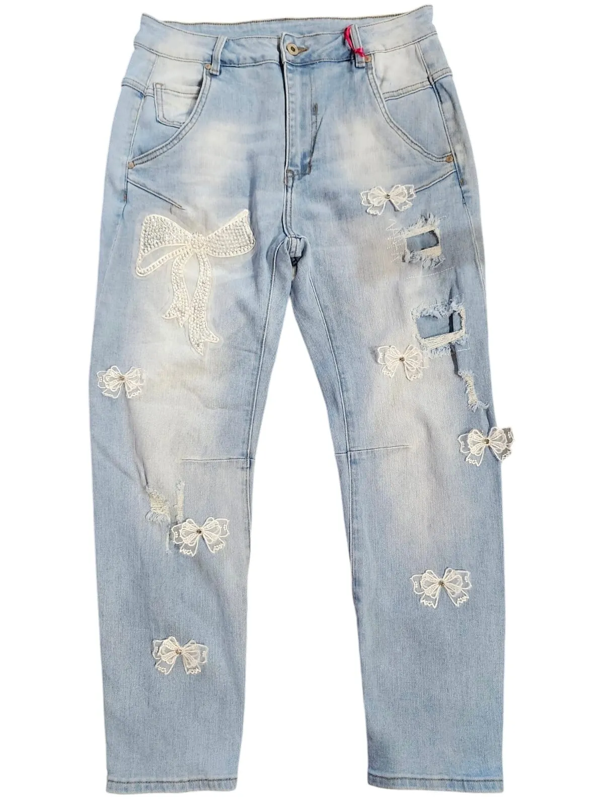 RIBBON BOW DISTRESSED WASH OUT JEANS