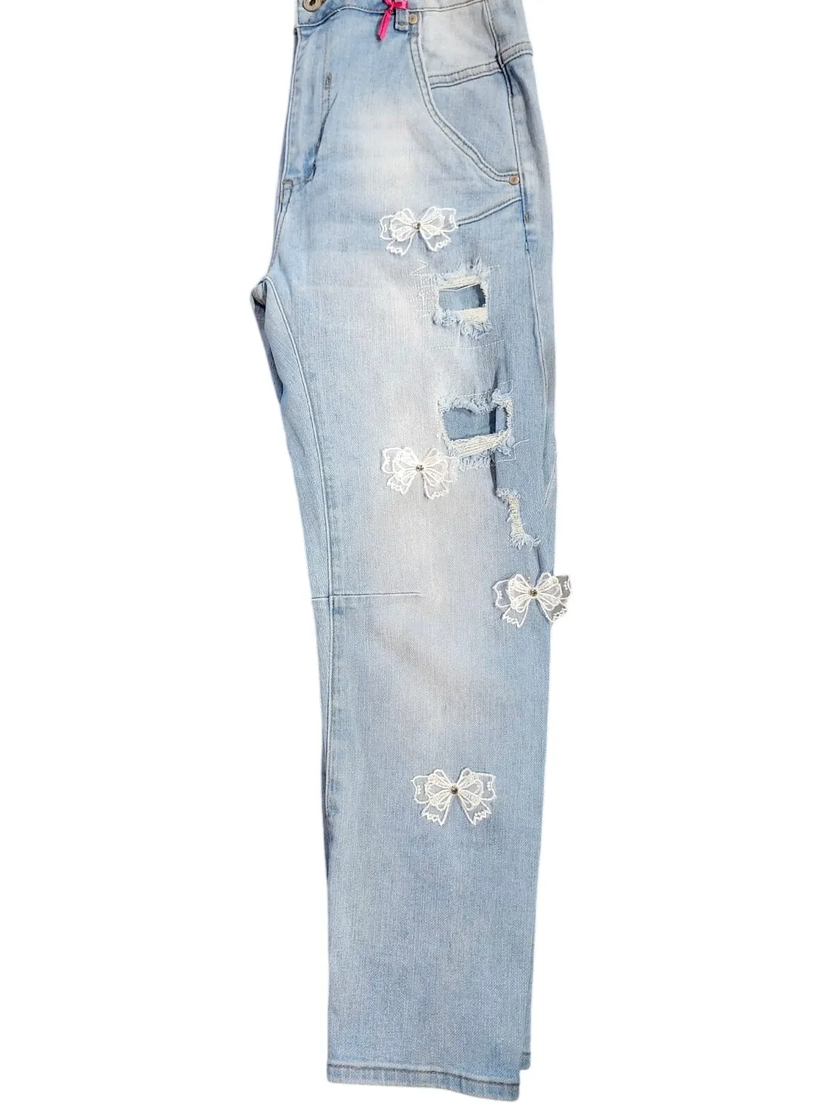 RIBBON BOW DISTRESSED WASH OUT JEANS