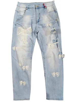 RIBBON BOW DISTRESSED WASH OUT JEANS