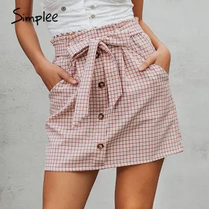 Simplee Bow tie plaid women short skirt summer Streetwear office