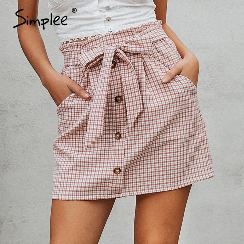 Simplee Bow tie plaid women short skirt summer Streetwear office