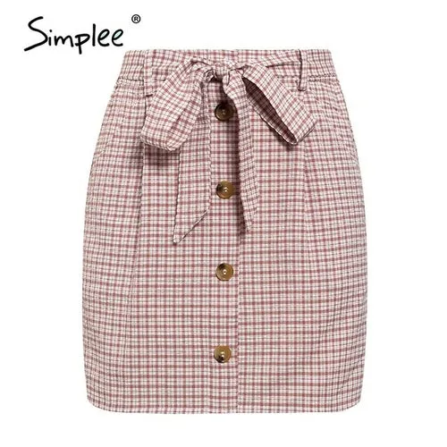 Simplee Bow tie plaid women short skirt summer Streetwear office