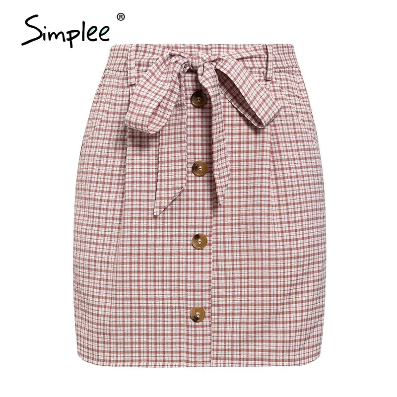 Simplee Bow tie plaid women short skirt summer Streetwear office