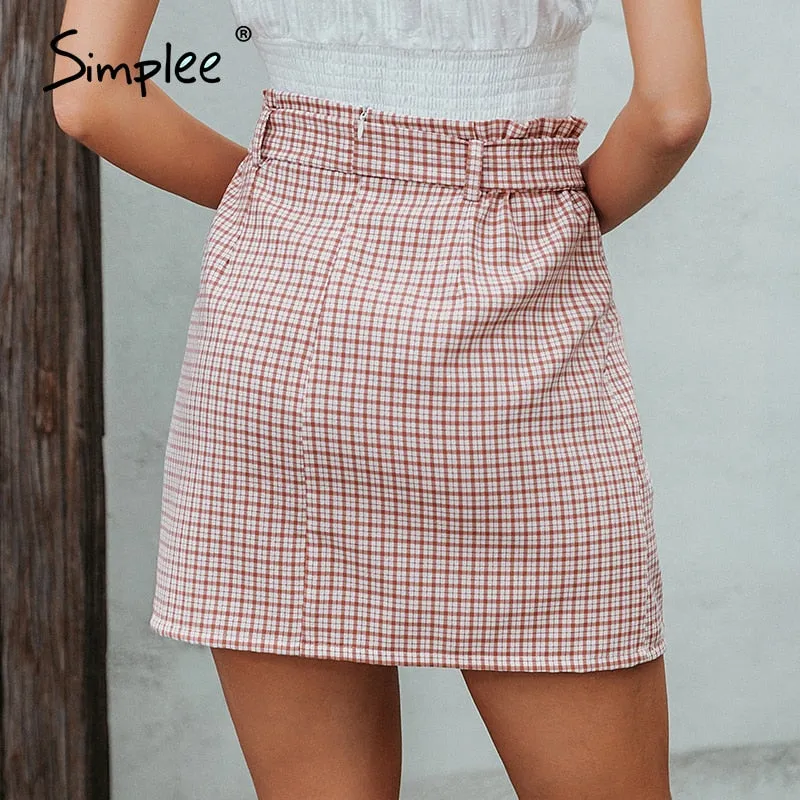 Simplee Bow tie plaid women short skirt summer Streetwear office