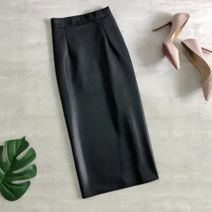 Stretch Pu Leather Midi Skirts Pencil Bodycon Elegant Office Ladies High Waist Faux Skirt