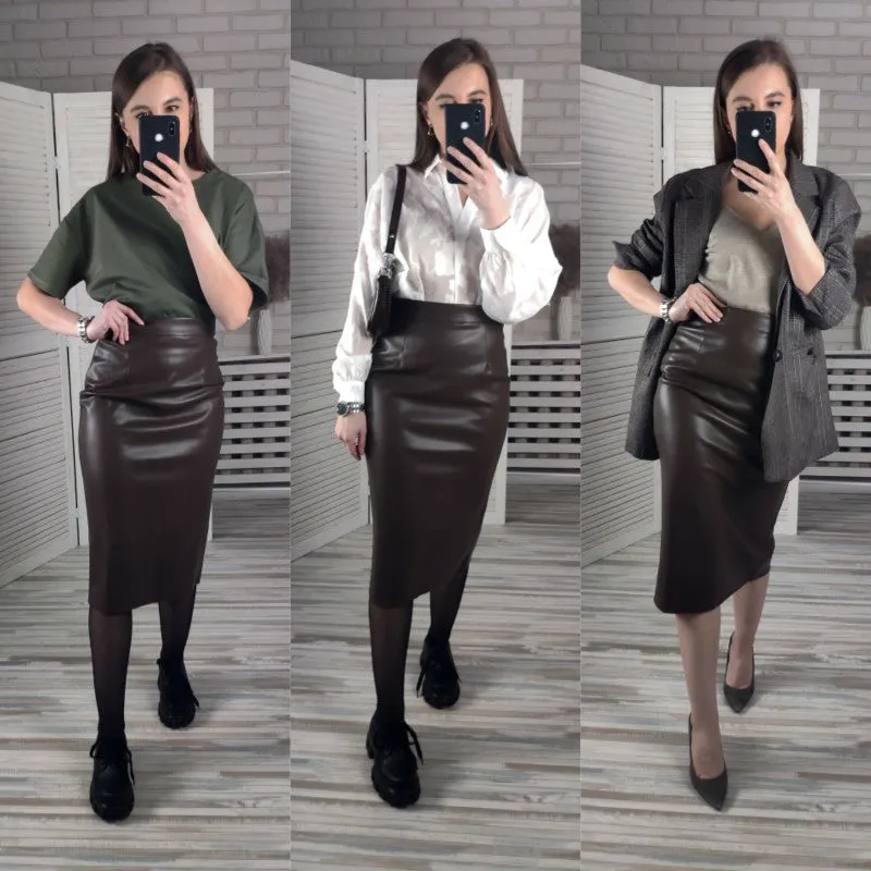 Stretch Pu Leather Midi Skirts Pencil Bodycon Elegant Office Ladies High Waist Faux Skirt