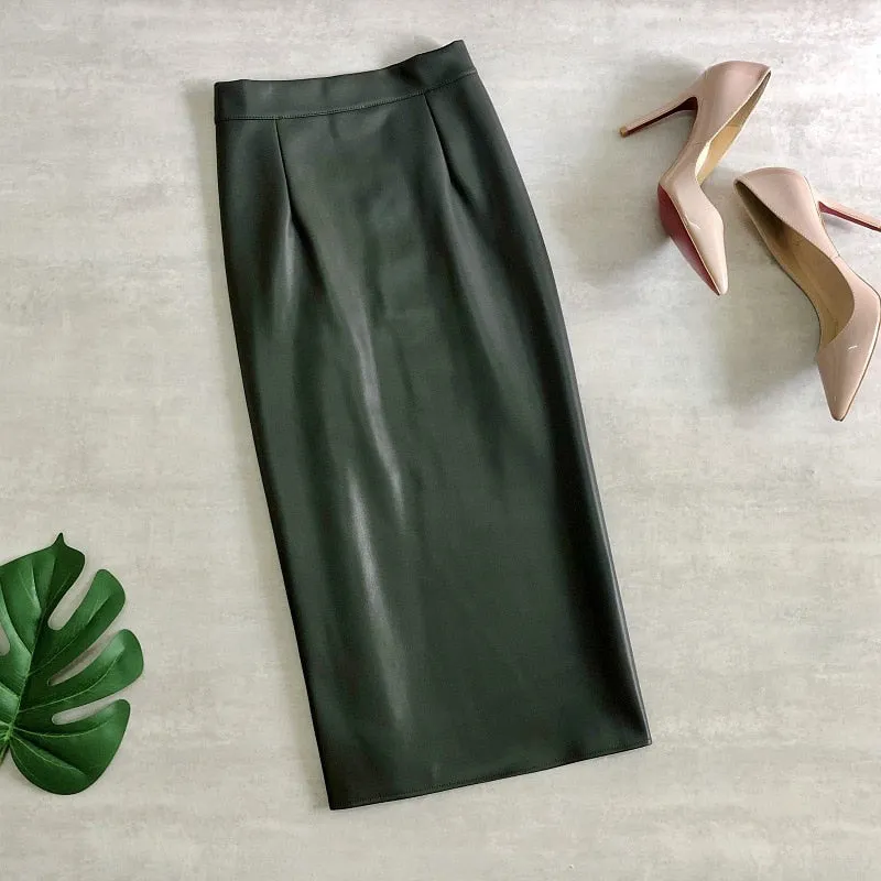 Stretch Pu Leather Midi Skirts Pencil Bodycon Elegant Office Ladies High Waist Faux Skirt