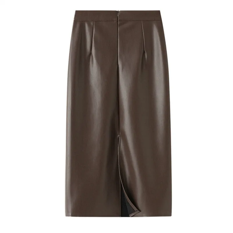 Stretch Pu Leather Midi Skirts Pencil Bodycon Elegant Office Ladies High Waist Faux Skirt