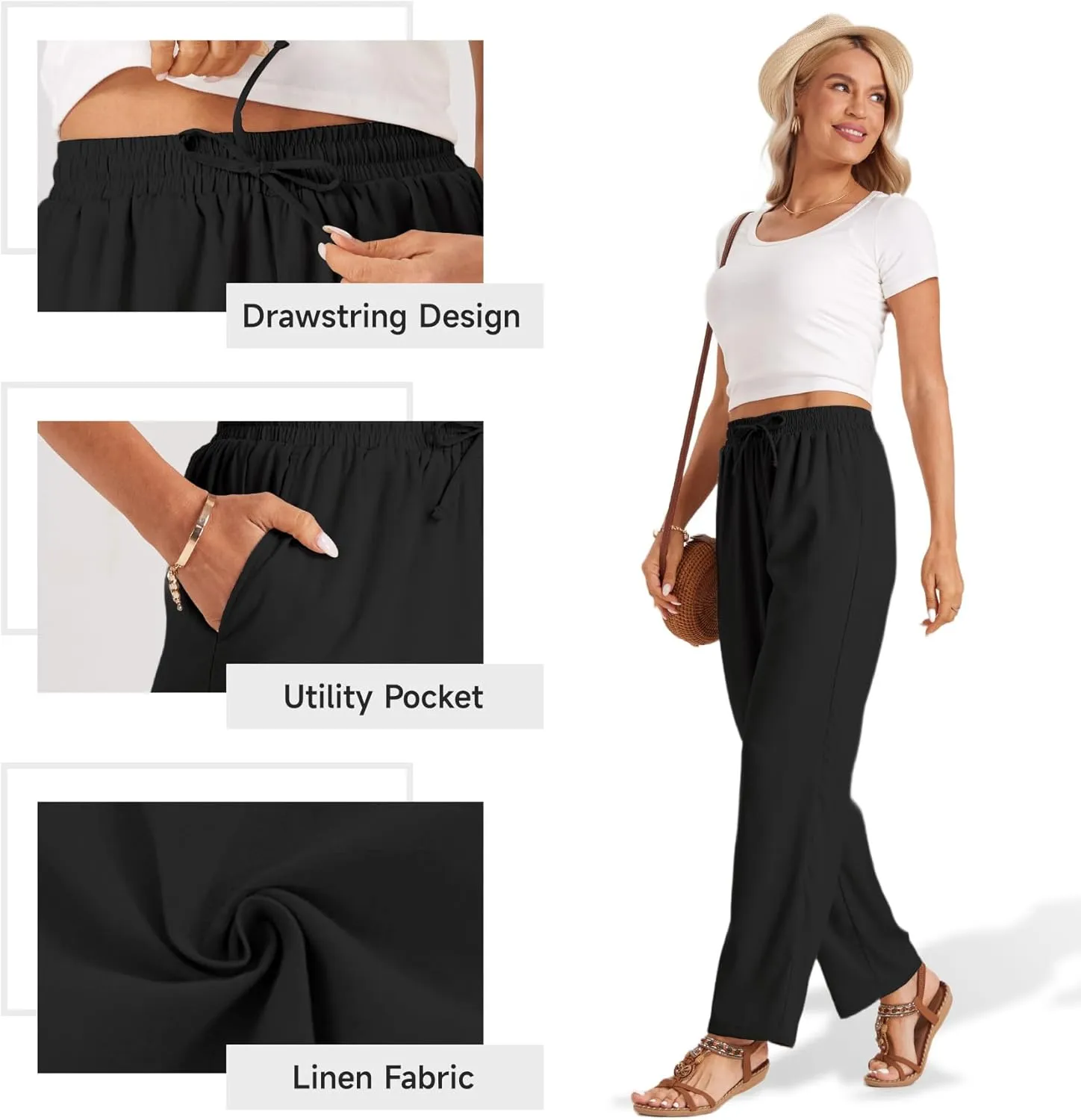 TOPYOGAS Womens High Waist Drawstring Stretch Casual Pants Summer Loose Pants Straight Trousers with Pockets