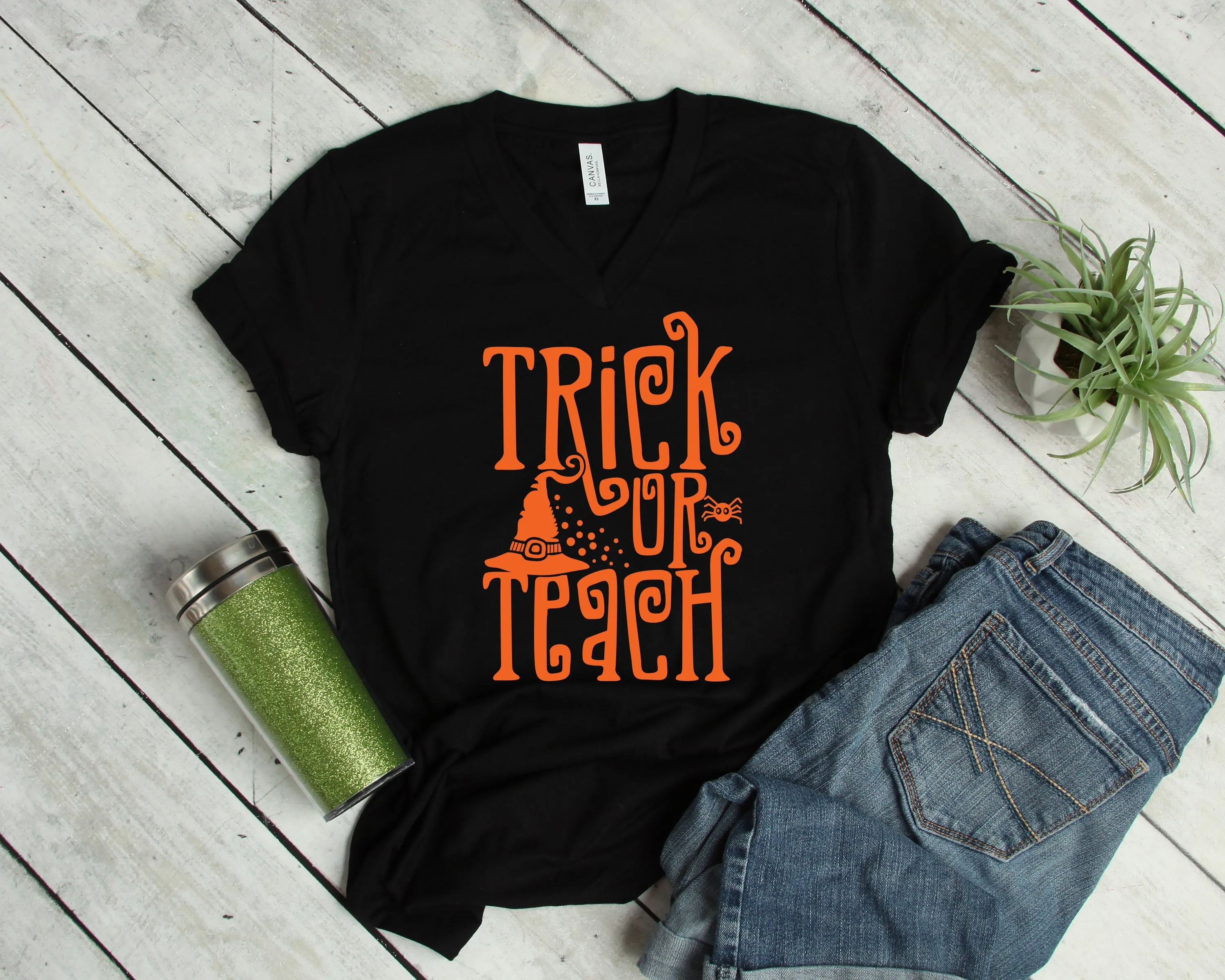 Trick or Teach - Happy Halloween Adult T Shirt -Teacher T Shirt Witch Hat