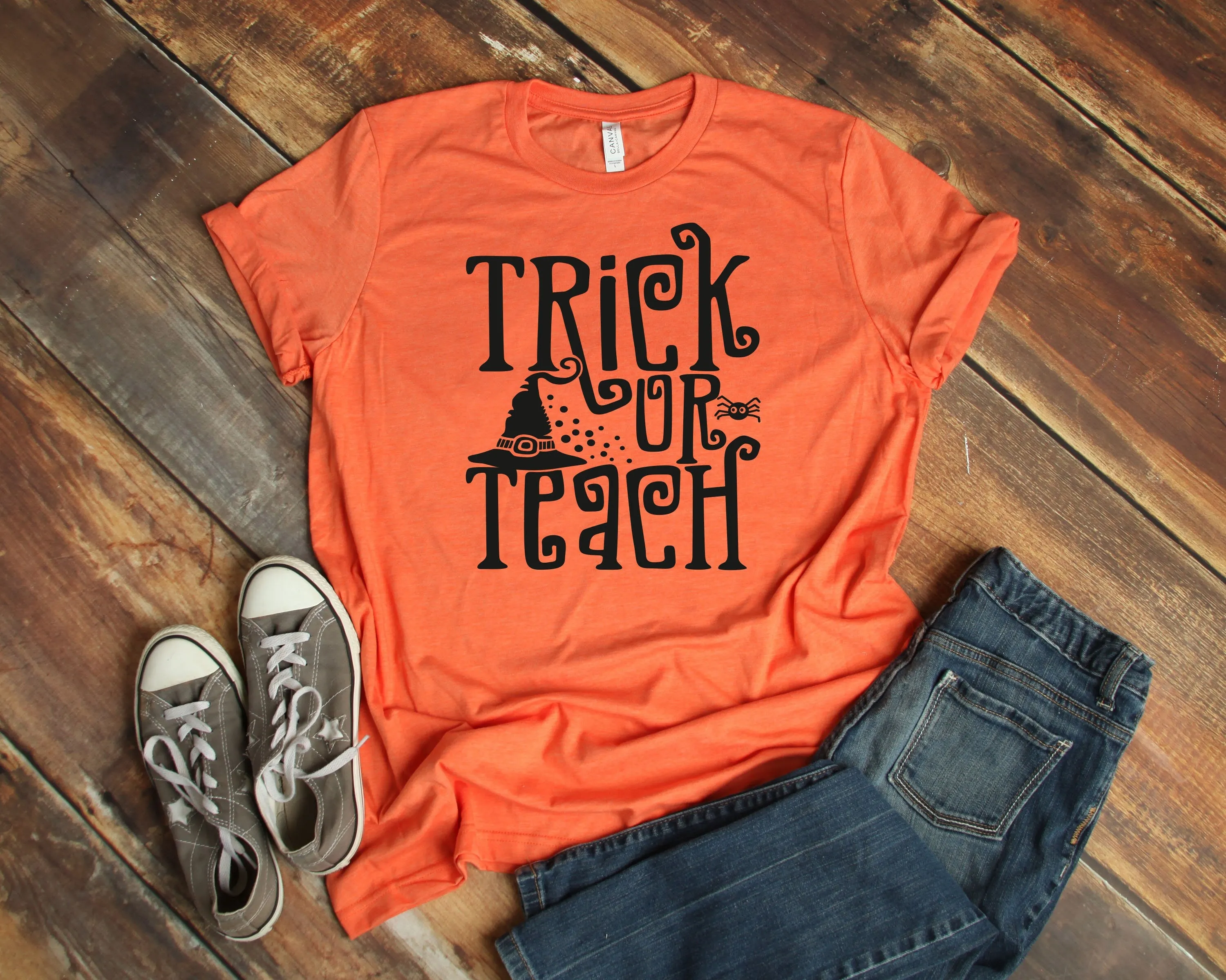 Trick or Teach - Happy Halloween Adult T Shirt -Teacher T Shirt Witch Hat