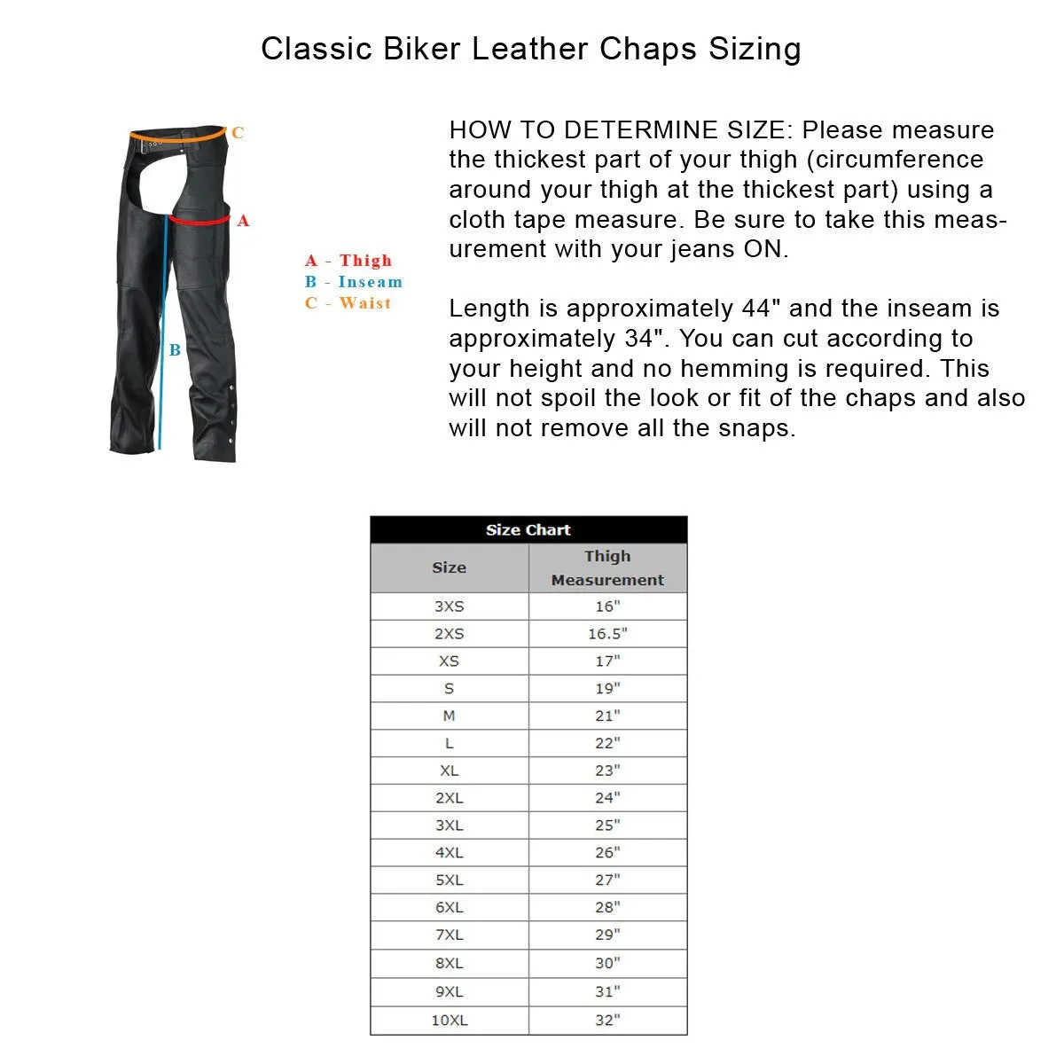 Vance Leather Unisex Classic Black Leather Biker Motorcycle Riding Chaps
