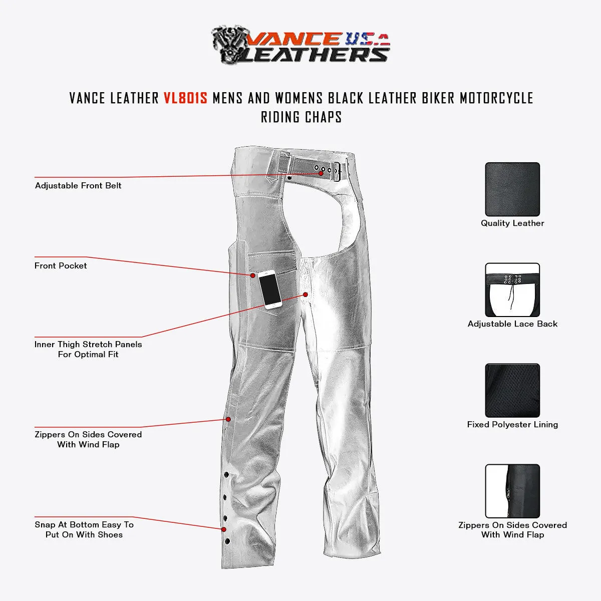 Vance Leather Unisex Classic Black Leather Biker Motorcycle Riding Chaps