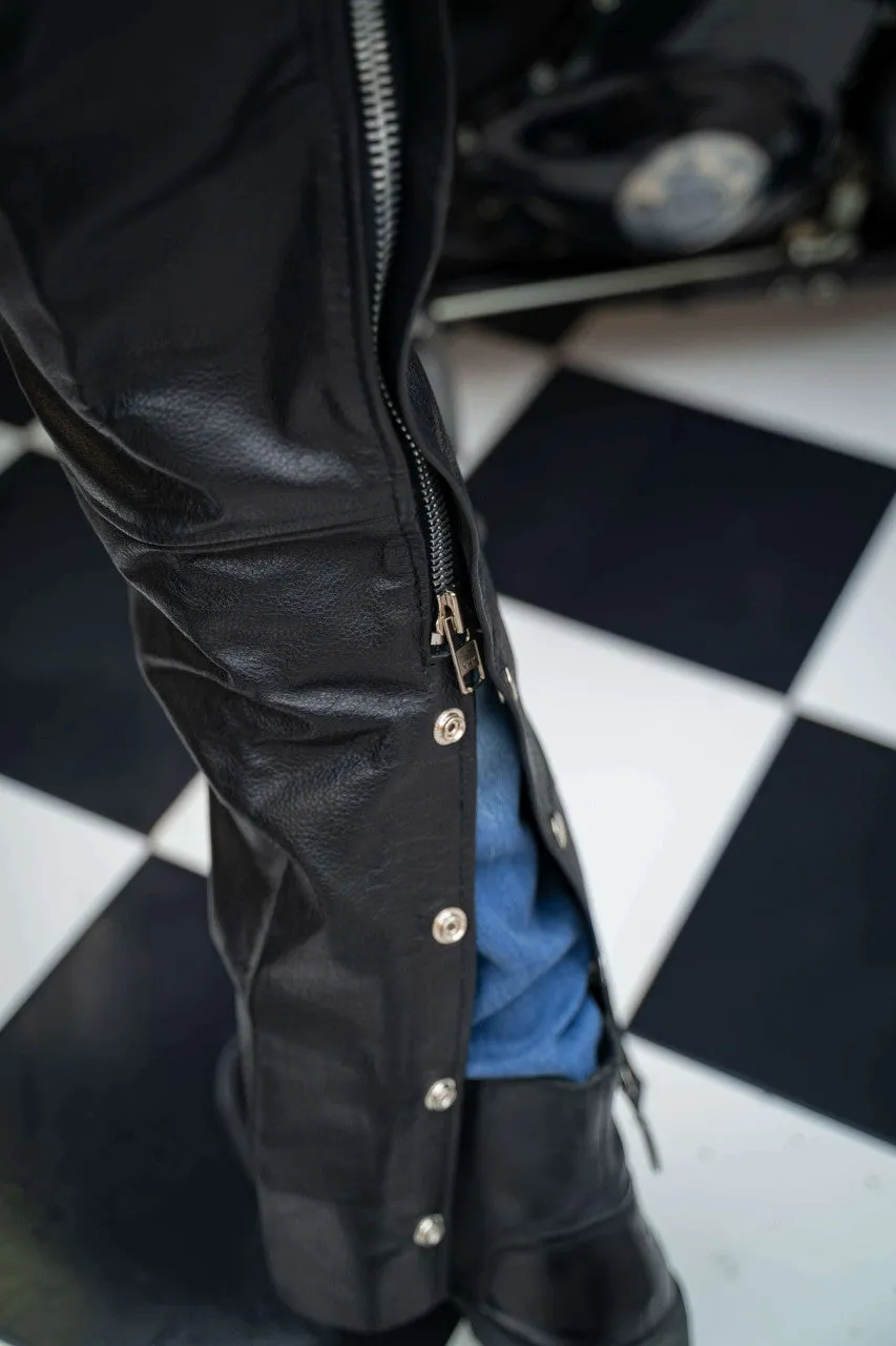 Vance Leather Unisex Classic Black Leather Biker Motorcycle Riding Chaps