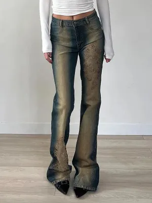 Vintage Distressed Low Waist Embroidery Slim Jeans