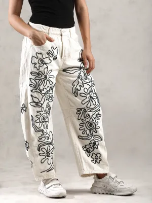 Women Cream Chic Thread Work Denim