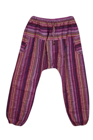 Women Hippie Pant, Dark Pink Cotton Baggy Handmade Stripe Print Pants, S/M/L
