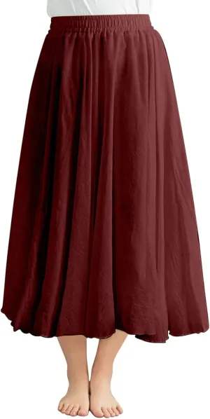 Women Solid Linen Maxi Skort Summer Elegant Bohemian Renaissance Long Skirts Casual Flowy Pleated Layered Tutu Skirt