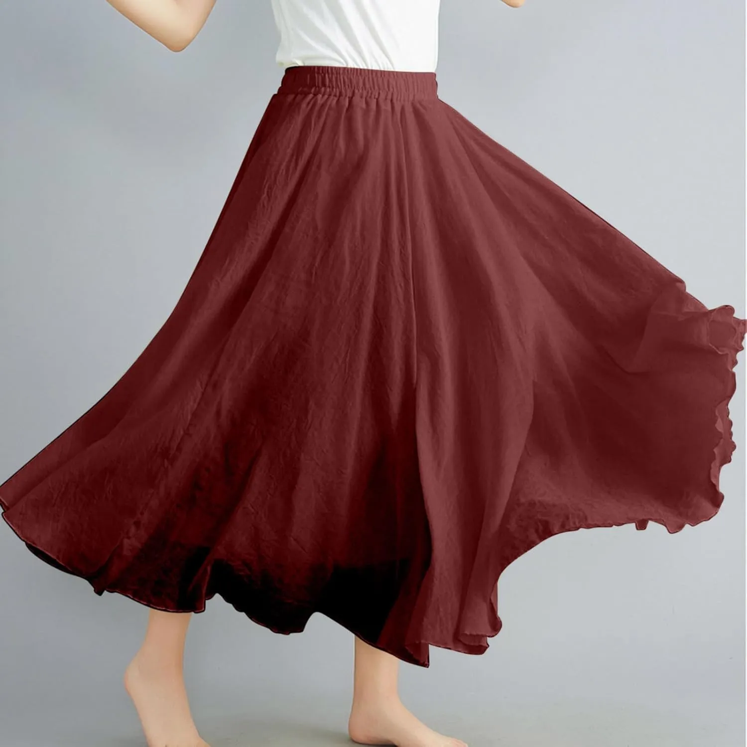 Women Solid Linen Maxi Skort Summer Elegant Bohemian Renaissance Long Skirts Casual Flowy Pleated Layered Tutu Skirt