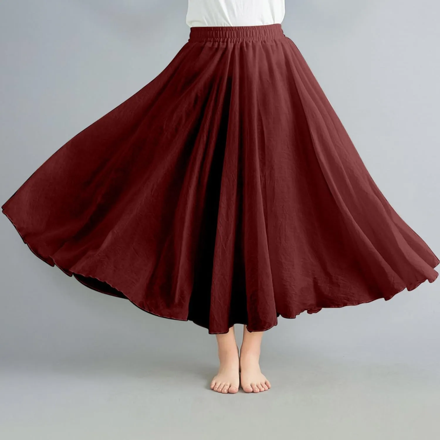 Women Solid Linen Maxi Skort Summer Elegant Bohemian Renaissance Long Skirts Casual Flowy Pleated Layered Tutu Skirt