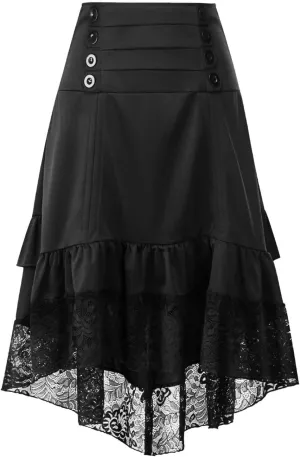 Women Steampunk Victorian Renaissance Gothic Lace Ruffled Skirts Vintage Court Style High Low Hem Midi Gothic Skirt