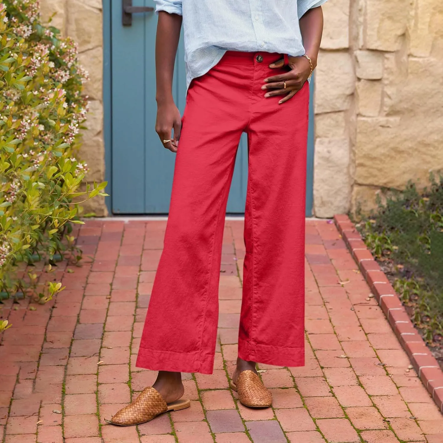 Womens Capri Pants Button Cargo Linen Cotton Capris Loose Summer Pants for Women Stretch Petite Short