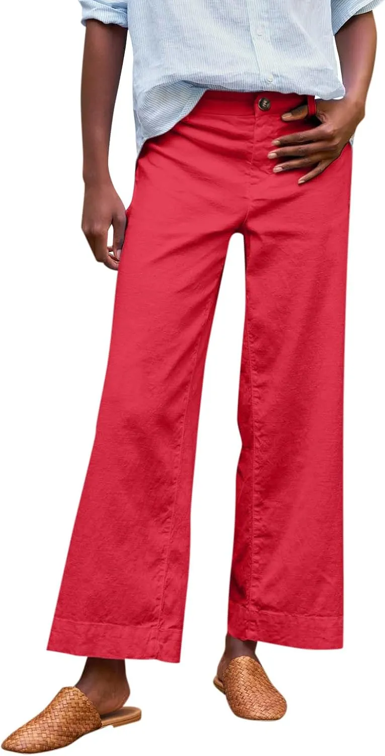 Womens Capri Pants Button Cargo Linen Cotton Capris Loose Summer Pants for Women Stretch Petite Short
