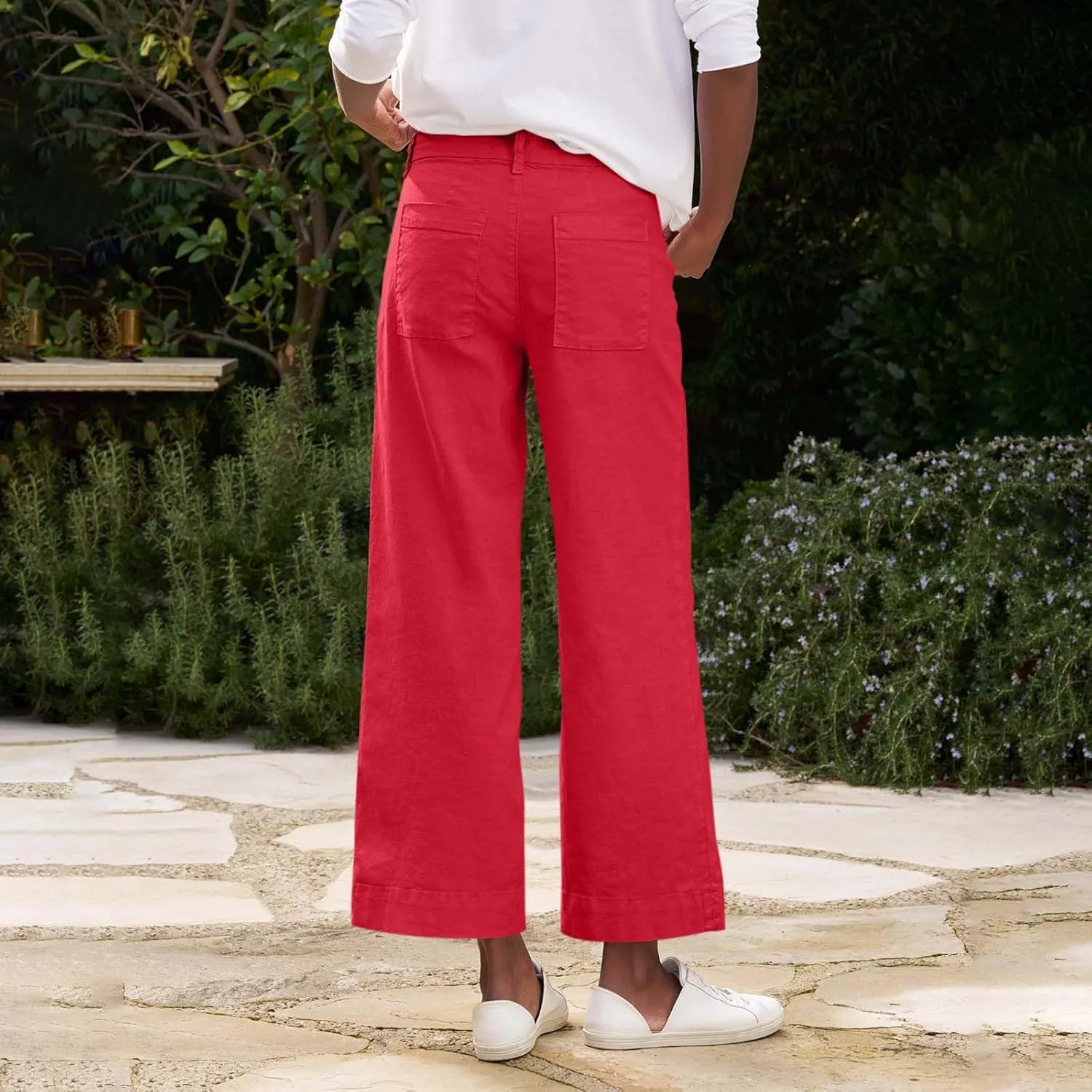 Womens Capri Pants Button Cargo Linen Cotton Capris Loose Summer Pants for Women Stretch Petite Short