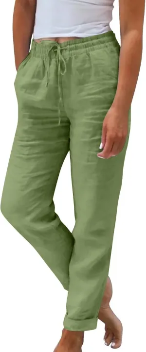 Womens Cotton Linen Cropped Pants 2025 Summer Lounge High Waisted Stretch Capris Drawstring Trousers with Pocket