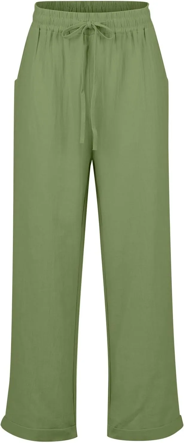 Womens Cotton Linen Cropped Pants 2025 Summer Lounge High Waisted Stretch Capris Drawstring Trousers with Pocket