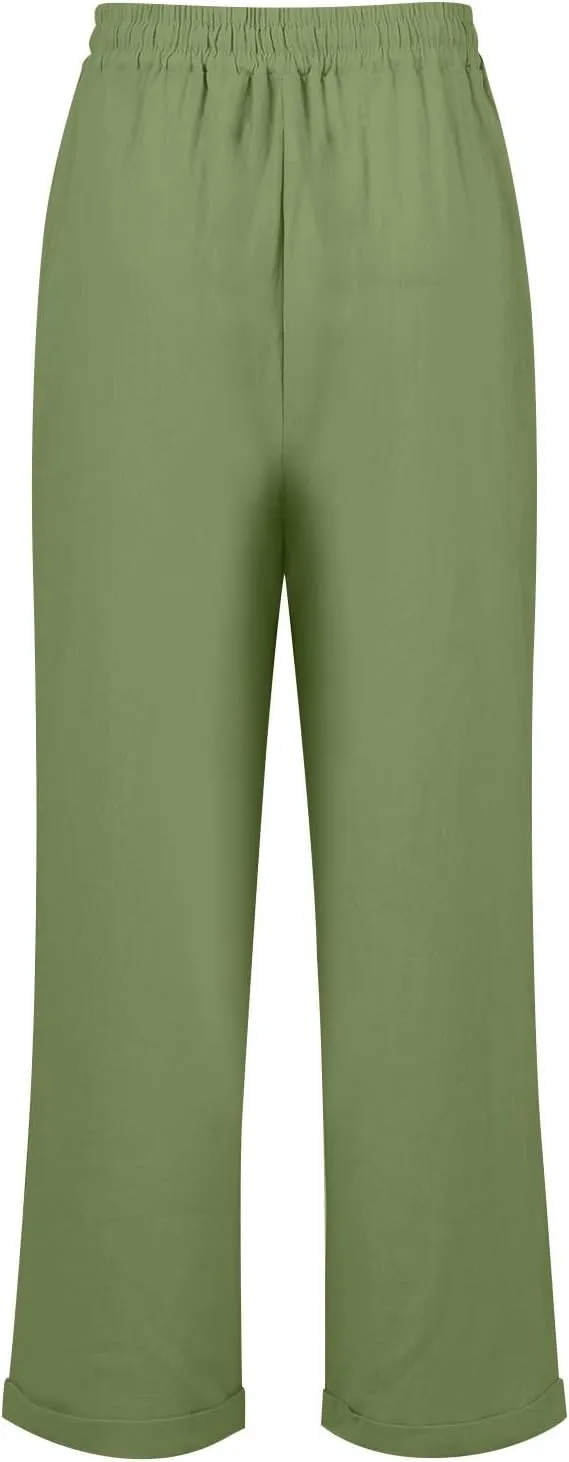 Womens Cotton Linen Cropped Pants 2025 Summer Lounge High Waisted Stretch Capris Drawstring Trousers with Pocket