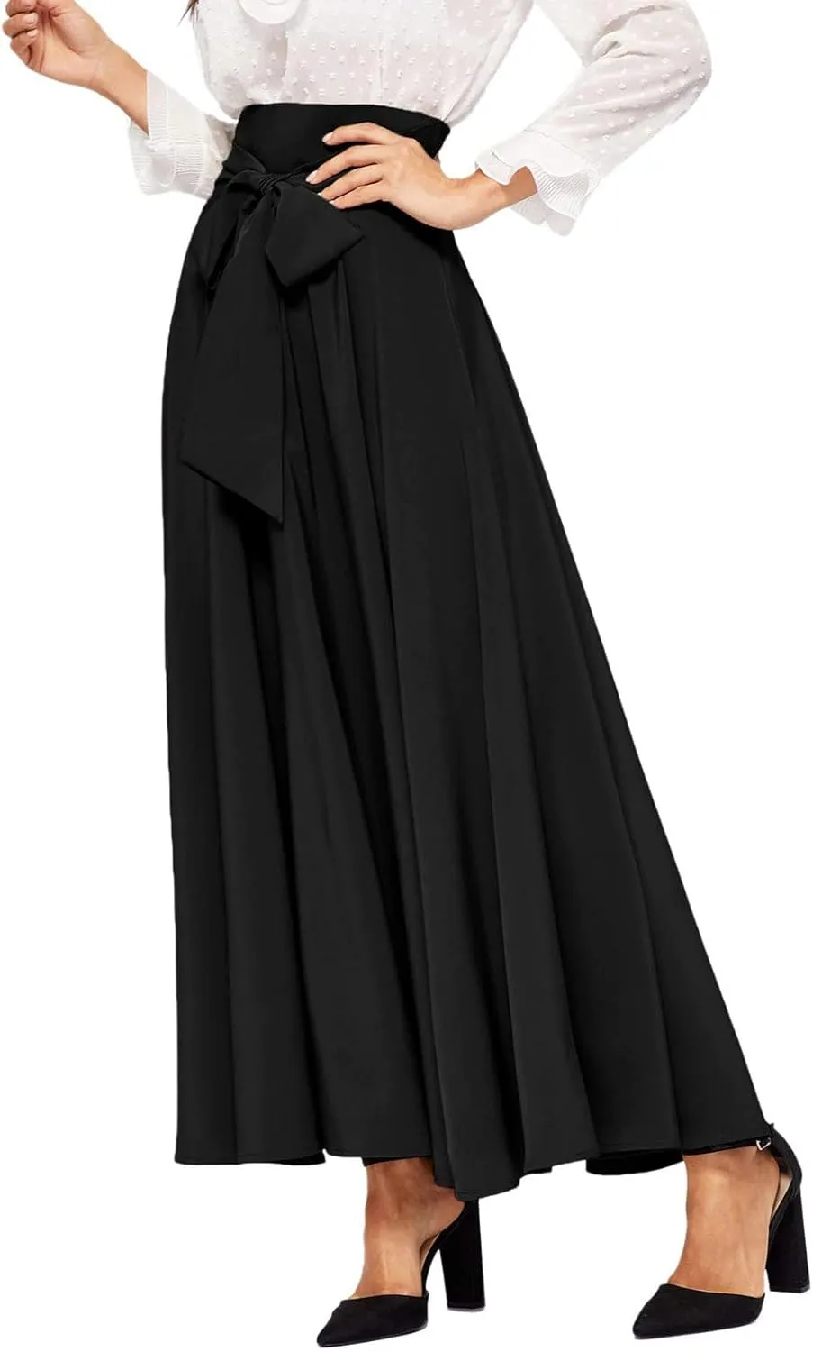 Women's Elegant High Waist Skirt Casual Solid Color Pleated Long Skirt Tie Front Ankle Length Maxi Skirts