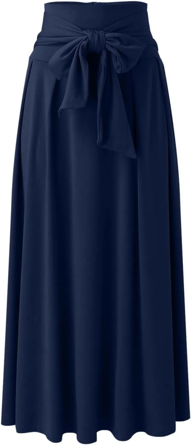 Women's Elegant High Waist Skirt Casual Solid Color Pleated Long Skirt Tie Front Ankle Length Maxi Skirts
