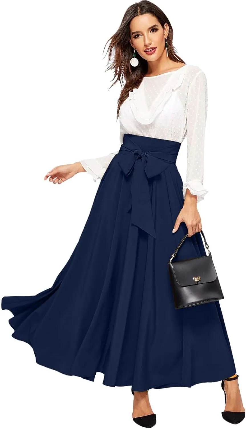 Women's Elegant High Waist Skirt Casual Solid Color Pleated Long Skirt Tie Front Ankle Length Maxi Skirts