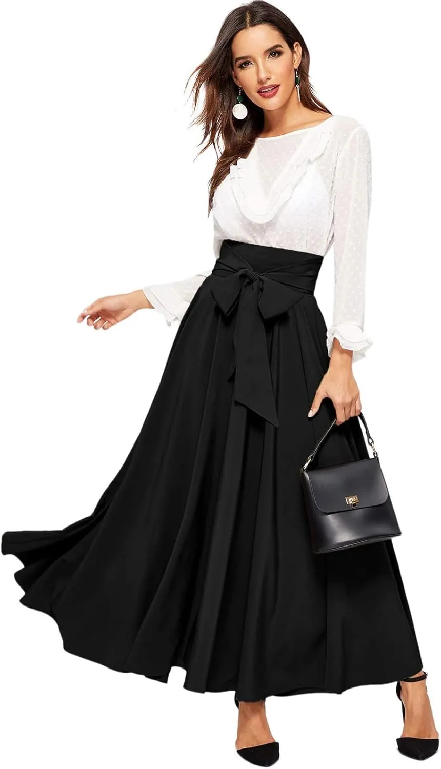 Women's Elegant High Waist Skirt Casual Solid Color Pleated Long Skirt Tie Front Ankle Length Maxi Skirts