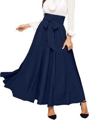 Women's Elegant High Waist Skirt Casual Solid Color Pleated Long Skirt Tie Front Ankle Length Maxi Skirts
